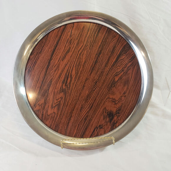 Vintage MCM Stieff Pewter Round Serving Tray Formica Woodgrain Barware 16" - Picture 1 of 6